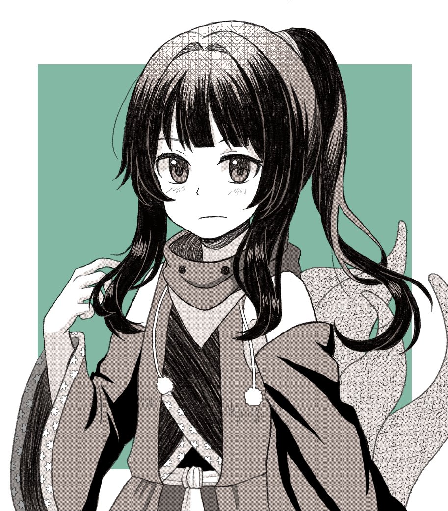 1other adagumo_no_yaorochi androgynous bare_shoulders blunt_bangs border closed_mouth commentary cowboy_shot detached_sleeves english_commentary eyelashes floral_print green_background greyscale_with_colored_background hair_intakes hakama hand_up japanese_clothes jinbaori kimono len&#039;en light_blush light_frown long_hair long_sleeves looking_at_viewer multiple_tails other_focus outside_border pom_pom_(clothes) scarf short_kimono side_ponytail sidelocks sleeveless sleeveless_kimono snake_tail solo tail white_border wide_sleeves ximsol182