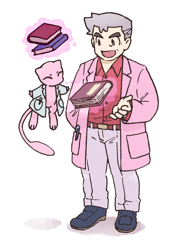 1boy alternate_color animal_ears book cat_ears cat_tail clothed_pokemon coat cro_iz full_body gen_1_pokemon grey_hair lab_coat legendary_pokemon male_focus mew_(pokemon) mythical_pokemon nintendo old old_man pink_coat pokemon pokemon_(creature) pokemon_masters_ex red_shirt professor_oak shirt simple_background standing tail telekinesis thick_eyebrows white_background