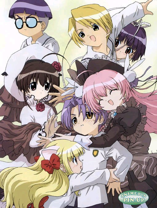 3boys 4girls :d ^_^ ahoge animal_ears ayanokoji_takashi beret blonde_hair blunt_bangs blush bow brown_eyes brown_hair cat_ears closed_eyes dress embarrassed expressionless flower glasses green_eyes hair_bow hair_ornament hat hidden_eyes higuchi_kotarou hug long_hair long_sleeves looking_at_viewer misha misha_(pita_ten) mitarai_hiroshi mitarai_kaoru multiple_boys multiple_girls opaque_glasses open_mouth pink_hair pita_ten purple_hair rabbit_hair_ornament red_bow red_flower red_rose rose shia shia_(pita_ten) smile sweater uematsu_koboshi upper_body very_long_hair