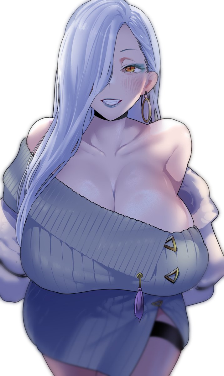 1girl bare_shoulders black_thighhighs blue_lips breasts choker cleavage collarbone dress earrings eyeliner fate/grand_order fate_(series) grey_dress grin hair_over_one_eye highres hoop_earrings huge_breasts jacket jewelry lipstick long_hair long_sleeves makeup off_shoulder mrs._snake_(fate) skindentation smile solo sweater sweater_dress tassel thighhighs white_hair white_jacket yakuoyoso yellow_eyes