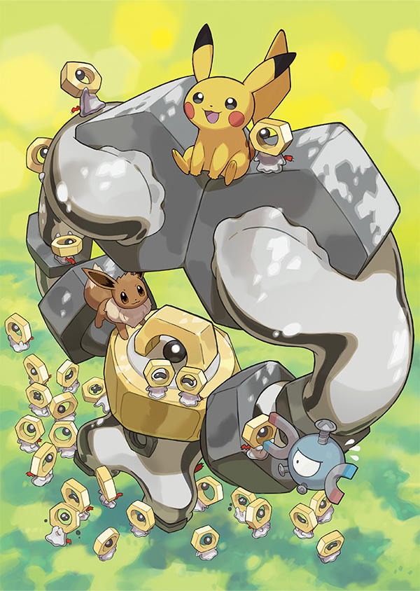 :3 :d arms_up artist_request brown_eyes brown_fur climbing closed_mouth dot_nose eevee evolutionary_line floating flying_sweatdrops gen_1_pokemon gen_7_pokemon grass magnemite magnet melmetal meltan mythical_pokemon nintendo no_humans official_art on_shoulder one-eyed open_mouth pikachu pokemon pokemon_(creature) pokemon_focus pokemon_on_shoulder ringing_artifacts screw sitting smile standing