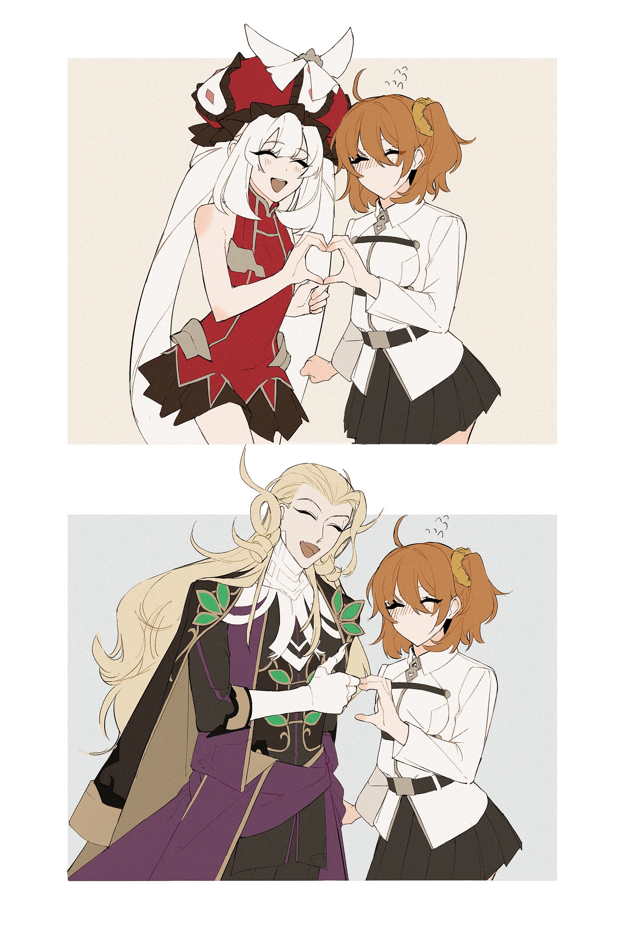 1boy 2girls :d ^_^ absurdres asymmetrical_hair black_skirt blonde_hair blush chaldea_uniform closed_eyes dress facing_viewer fate/grand_order fate_(series) flying_sweatdrops fujimaru_ritsuka_(female) gloves hair_slicked_back hat heart heart_hands heart_hands_duo heart_hands_failure highres marie_antoinette_(fate) multiple_girls no_mouth open_mouth orange_hair pleated_skirt purple_robe red_dress red_hat robe short_hair side_ponytail simple_background skirt sleeveless sleeveless_dress smile thumbs_up twintails white_gloves white_hair wolfgang_amadeus_mozart_(fate) yukkuri_(fumoyun)