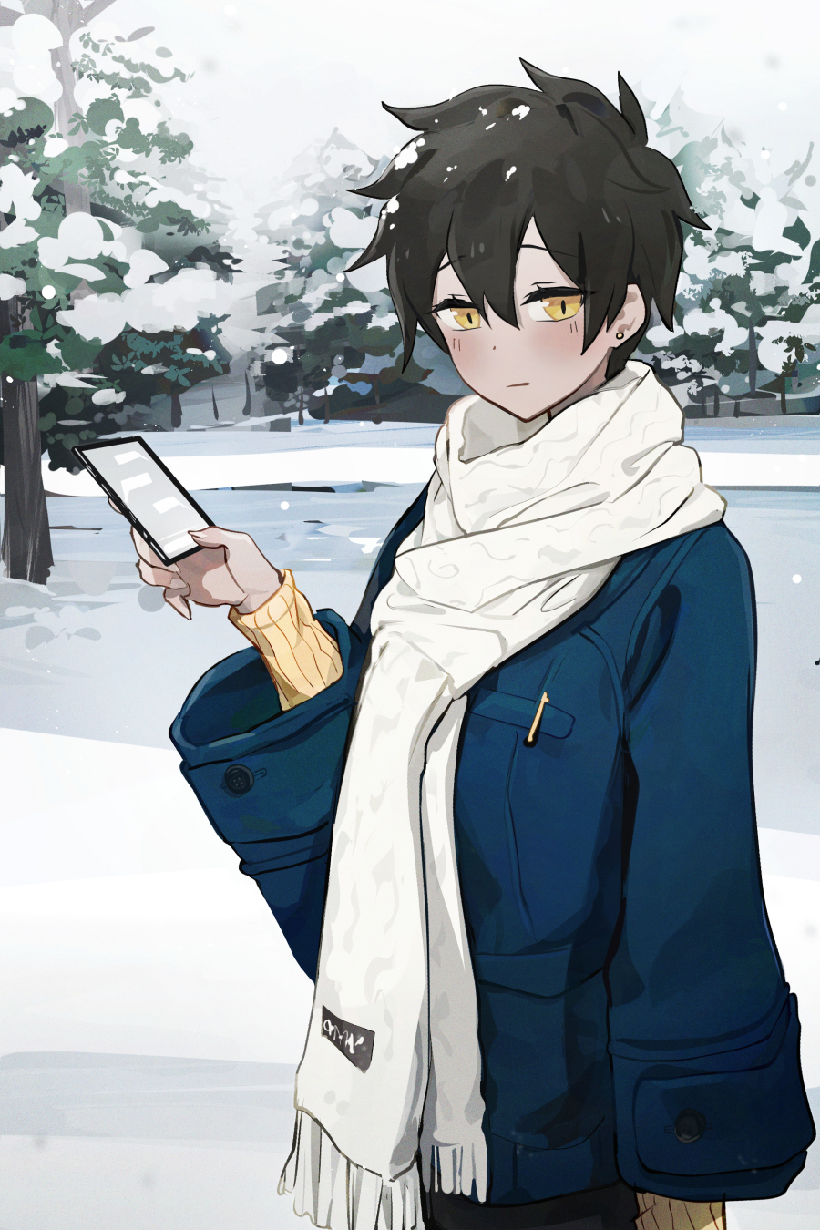 1girl black_hair blue_coat cellphone coat hair_between_eyes highres holding holding_phone kurobe_natsumi looking_at_viewer mo0o0rae phone scarf senpai_ga_uzai_kouhai_no_hanashi short_hair slit_pupils smartphone snow solo sweater upper_body white_coat white_scarf winter winter_clothes yellow_eyes yellow_sweater