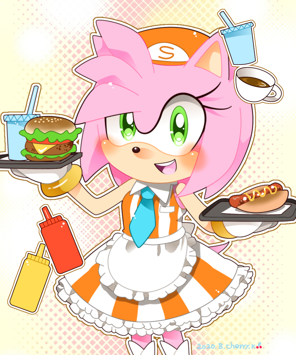 amy_rose apron burger coffee coffee_mug cup diner disposable_cup employee_uniform fast_food food green_eyes hat highres hot_dog ketchup_bottle kusunoki_cherry medium_hair mug mustard_bottle necktie pink_fur pink_hair sega skirt sleevleess_shirt soda sonic_(series) waitress