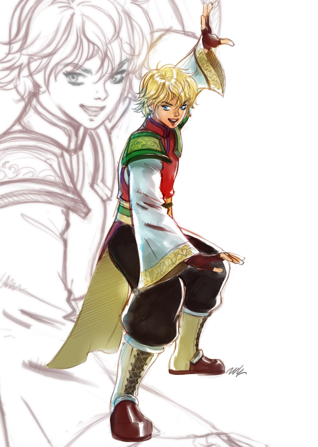 1girl alternate_costume baggy_pants blonde_hair blue_eyes boots chinese_clothes female_focus highres knee_boots lace-up_boots leo_kliesen namco pants reverse_trap seeso2d short_hair shoulder_pads solo tekken tekken_tag_tournament_2 zoom_layer