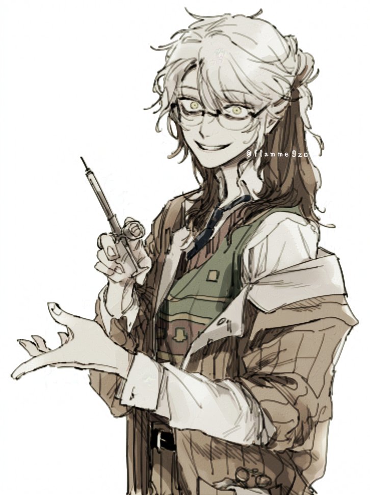 1other brown_hair brown_jacket crazy_smile glasses green_vest grin gyujik_qzc hands_up holding holding_syringe jacket medicine_pocket medicine_pocket_(the_cosmos_photographer) medium_hair multicolored_hair official_alternate_costume open_clothes open_jacket reverse:1999 shirt single_off_shoulder smile solo sweater_vest syringe upper_body vest white_background white_hair white_shirt yellow_eyes