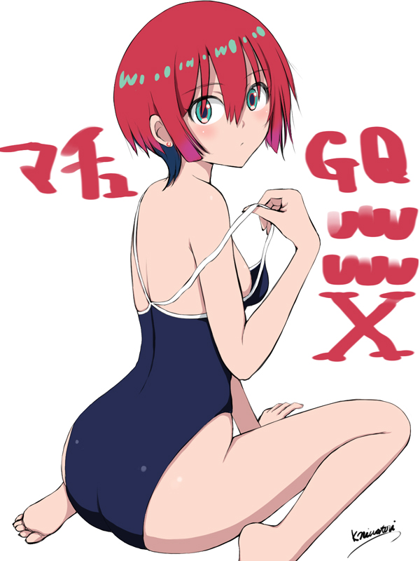 1girl amate_yuzuriha aqua_eyes ass blue_one-piece_swimsuit blush breasts covered_navel gundam gundam_gquuuuuux looking_at_viewer niwatori_kokezou one-piece_swimsuit red_hair school_swimsuit short_hair sideboob simple_background solo swimsuit