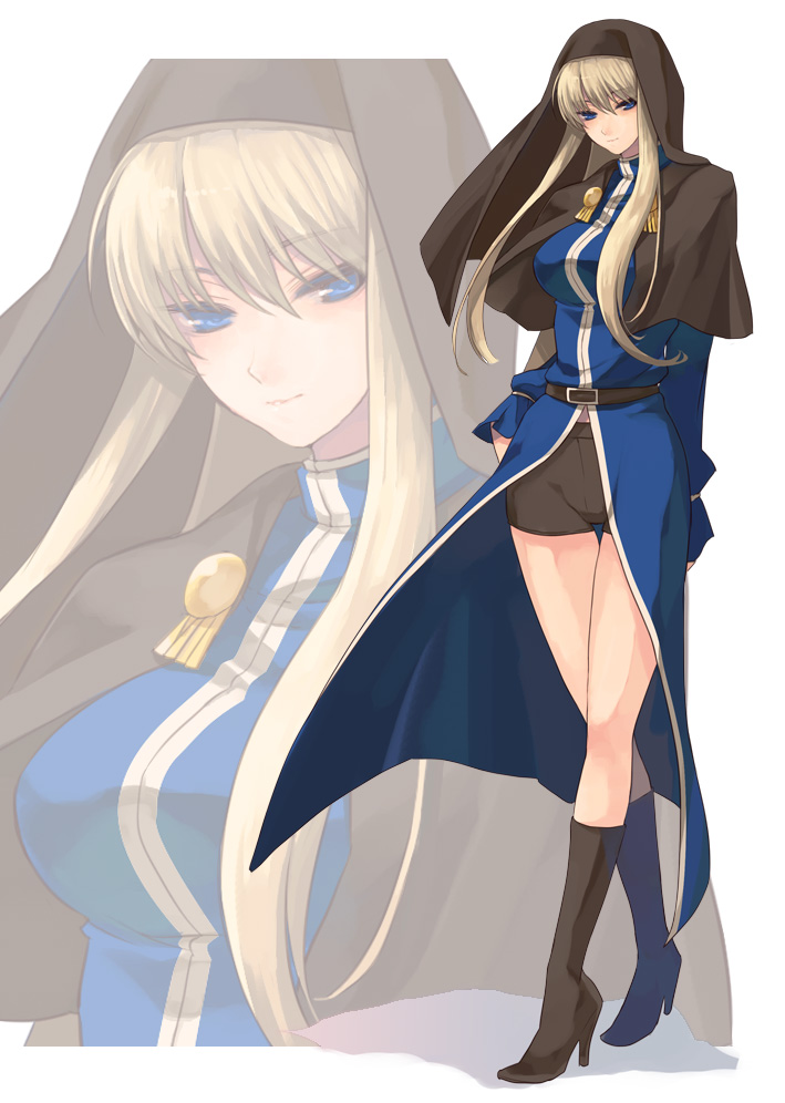 1girl bike_shorts blonde_hair blue_eyes boots breasts capelet female_focus gender_request genderswap goeniko goenitz habit high_heels large_breasts long_hair m.u.g.e.n midnight_bliss roko_moko shoes smile solo the_king_of_fighters thigh_gap zoom_layer
