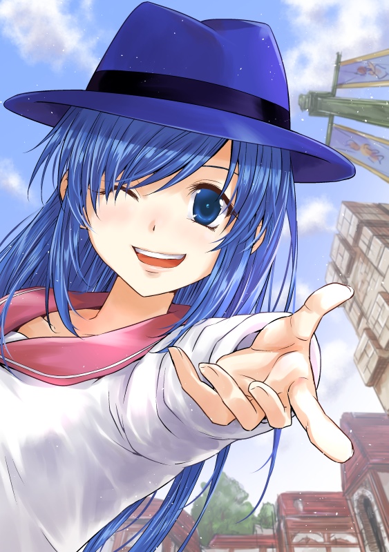 1girl ;d blouse blue_eyes blue_hair blue_hat blue_sky building clip_studio_paint_(medium) cloud collarbone day hat kagehi_no_loo light_particles long_hair long_sleeves looking_at_viewer lorna mabinogi making-of_available one_eye_closed open_mouth outdoors outstretched_arm pink_sailor_collar sailor_collar shirt sky smile solo swept_bangs teeth tree upper_teeth_only white_shirt