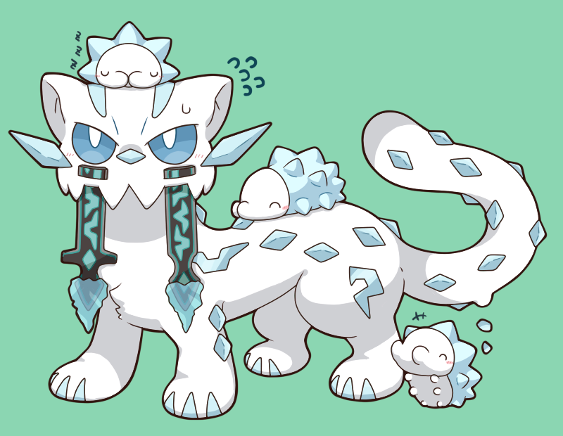 +++ 2027_(submarine2027) ^_^ blue_eyes blush bright_pupils chien-pao closed_eyes commentary_request flying_sweatdrops full_body gen_8_pokemon green_background ice ice_crystal nintendo no_humans on_head pokemon pokemon_(creature) pokemon_on_back pokemon_on_head simple_background sleeping snom sweatdrop tusks u_u white_pupils zzz