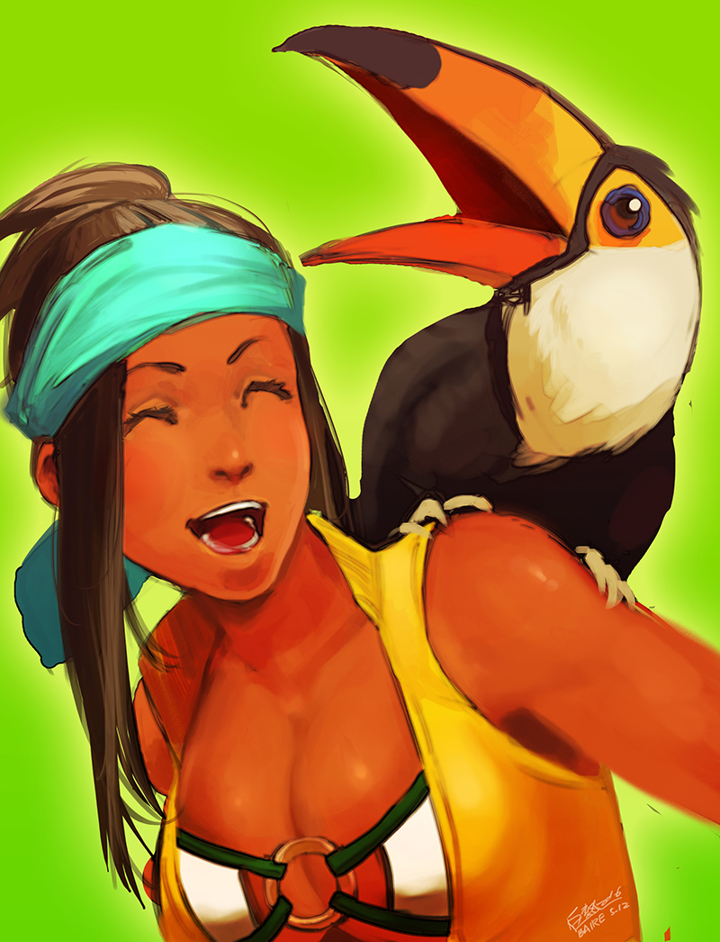 1girl artist_name bad_id bad_tumblr_id baire bird breasts brown_hair cleavage closed_eyes coco_(kof) dark-skinned_female dark_skin female_focus green_background headband large_breasts o-ring o-ring_top open_mouth ponytail portrait simple_background solo teeth the_king_of_fighters the_king_of_fighters_xiv toucan zarina