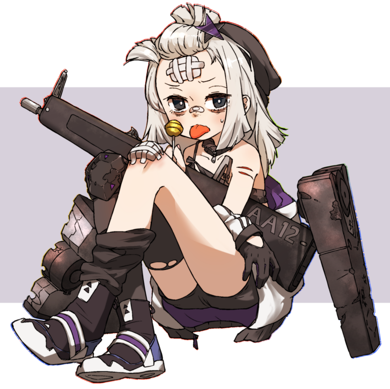 1girl aa-12 aa-12_(girls&#039;_frontline) amonitto automatic_shotgun bags_under_eyes bandaid bandaid_on_face bandaid_on_knee bandaid_on_leg bandaid_on_nose bangs_pinned_back beanie black_eyes black_gloves black_hat black_shorts black_thighhighs camisole candy clothes_down coat combat_shotgun cuts detached_collar food girls&#039;_frontline gloves grey_hair gun hair_ornament hat injury knee_pads knees_up lollipop long_hair looking_at_viewer shoes short_hair short_shorts shorts shotgun sidelocks single_glove single_knee_pad sitting solo star_(symbol) star_hair_ornament sweatdrop thighhighs tongue tongue_out torn_clothes torn_thighhighs weapon white_coat