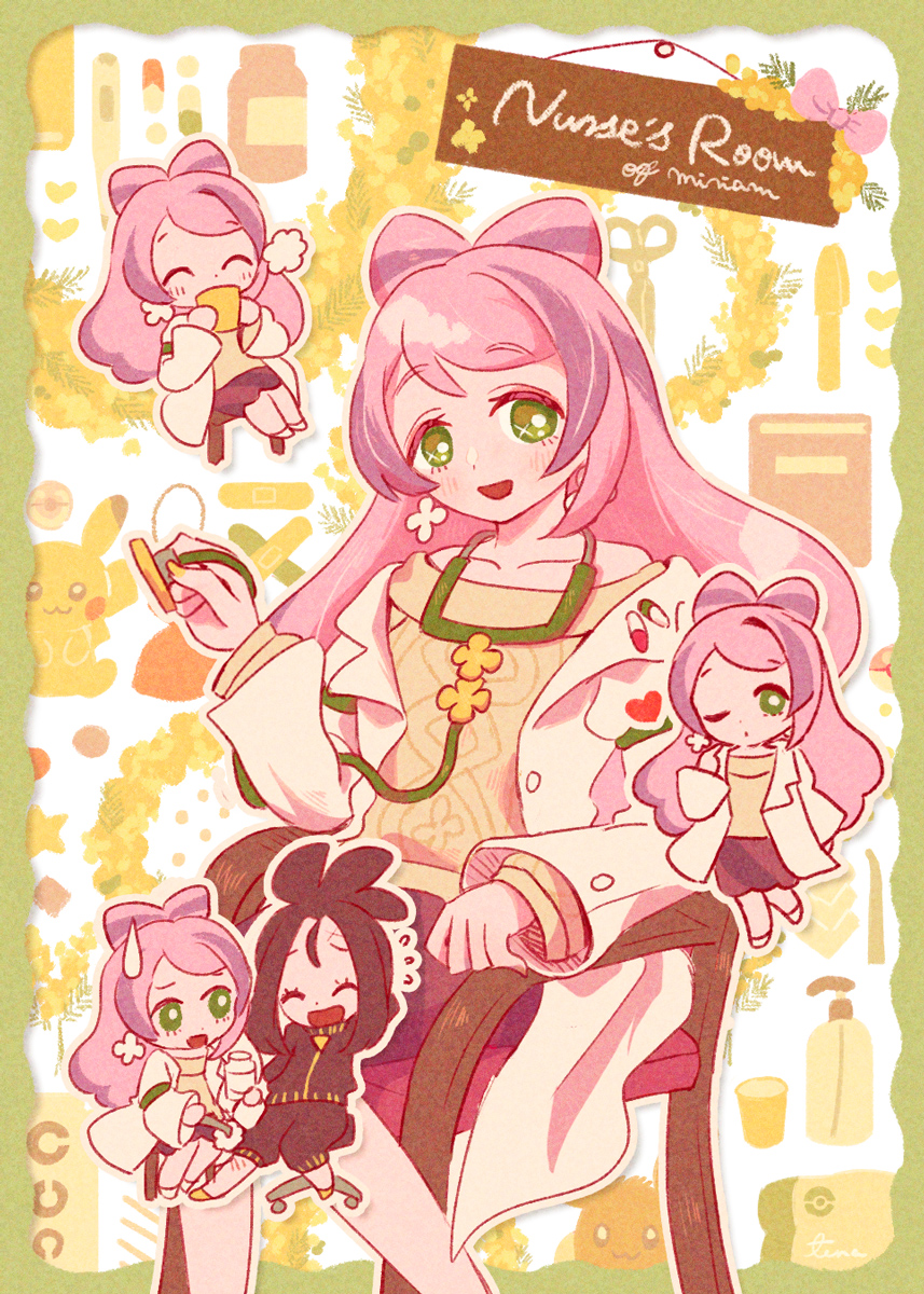 2girls bandaid black_hair black_pants black_shirt blush book border bow bright_pupils chair character_name chibi chibi_inset chiri_sousu closed_eyes commentary cup dendra_(pokemon) earrings english_text eyelashes flying_sweatdrops gen_1_pokemon green_border green_eyes heart highres holding holding_cup holding_stethoscope jacket jewelry lab_coat long_hair long_sleeves miriam_(pokemon) multicolored_hair multiple_girls nail_polish nintendo nurse one_eye_closed open_clothes open_jacket open_mouth outline pants pikachu pill pink_bow pink_hair pokemon pokemon_sv purple_hair purple_skirt scissors shirt shoes sidelocks sign sitting skirt smile stethoscope sweatdrop sweater two-tone_hair white_jacket white_outline white_pupils white_shoes yellow_shoes yellow_sweater