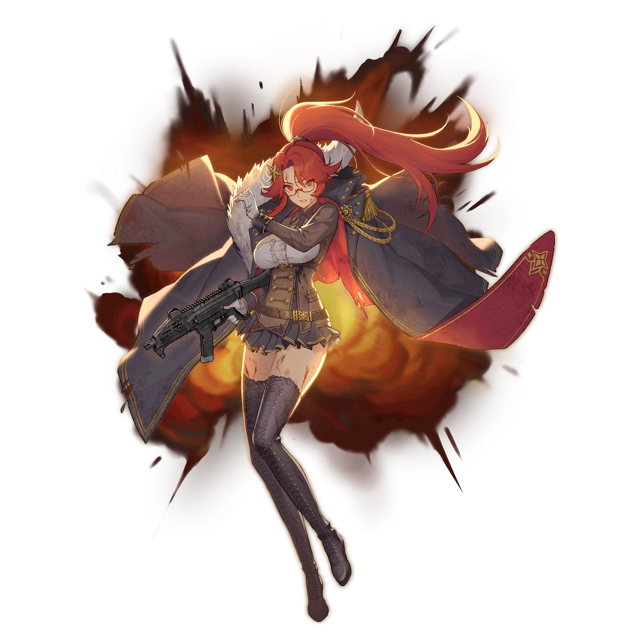 1girl black_coat black_necktie black_shoes black_skirt bleeding blood blood_on_face blush cleavage_cutout closed_mouth clothing_cutout coat coat_on_shoulders cz_scorpion_evo_3 epaulettes evo_3_(girls'_frontline) evo_3_(mod3)_(girls'_frontline) explosion full_body girls'_frontline gloves gun hair_ornament highres holding holding_gun holding_weapon kugi_ta_hori_taira long_hair military_uniform necktie official_alternate_costume official_art pleated_skirt ponytail red-framed_eyewear red_coat shoes short_necktie simple_background single_epaulette skirt smile solo submachine_gun swept_bangs thighhighs third-party_source torn_clothes torn_coat torn_footwear transparent_background trigger_discipline two-sided_coat two-sided_fabric very_long_hair weapon white_gloves zettai_ryouiki