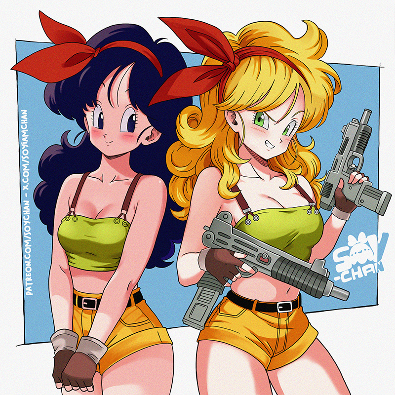 2girls artist_name belt black_belt black_eyes black_hair blonde_hair blue_background blush border breasts brown_gloves cleavage closed_mouth collarbone commentary cowboy_shot crop_top dragon_ball dual_persona dual_wielding english_commentary fingerless_gloves gloves green_eyes green_tank_top grin gun hairband holding holding_gun holding_weapon long_hair looking_at_viewer lunch_(bad)_(dragon_ball) lunch_(dragon_ball) medium_breasts midriff multiple_girls navel outside_border patreon_username red_hairband short_shorts shorts sideways_glance smile soyiamchan standing submachine_gun tank_top twitter_username uzi weapon white_border yellow_shorts