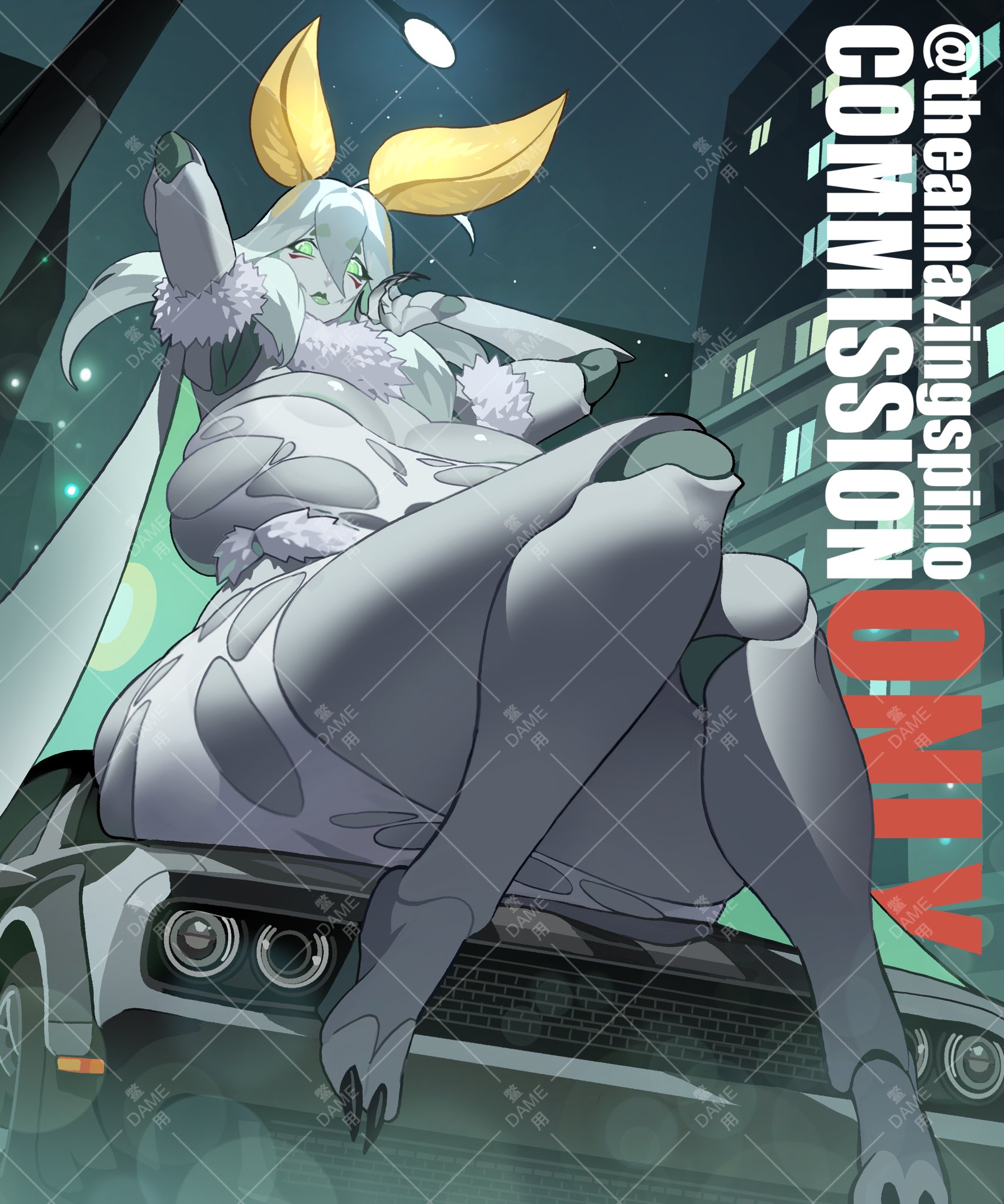 1girl antennae arthropod_girl breasts cape car colored_skin commission dodge_(company) dodge_challenger dodge_challenger_(3rd_generation) dress fingernails fur_scarf green_eyes green_lips grey_cape grey_dress grey_hair grey_skin hair_between_eyes highres huge_breasts insect_girl kamitoge_supino long_fingernails long_hair looking_at_viewer monster_girl moth_girl motor_vehicle muscle_car night on_car on_vehicle original parted_lips scarf short_eyebrows sitting solo thick_eyebrows torn_clothes torn_dress twitter_username watermark white_scarf