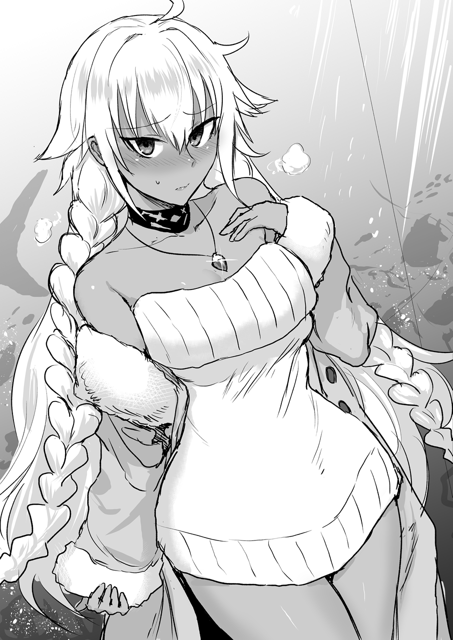 1girl ahoge bare_shoulders black_choker blush braid breasts choker closed_mouth commentary_request cowboy_shot dark-skinned_female dark_skin dress dutch_angle embarrassed fate/grand_order fate_(series) fish fish_tank from_above fur-trimmed_jacket fur_trim greyscale hair_between_eyes hand_on_own_chest highres ichigain jacket jewelry lakshmibai_(fate) large_breasts long_hair long_sleeves looking_at_viewer medium_breasts monochrome necklace off_shoulder open_clothes open_jacket solo standing sweatdrop sweater sweater_dress thighs twin_braids very_long_hair