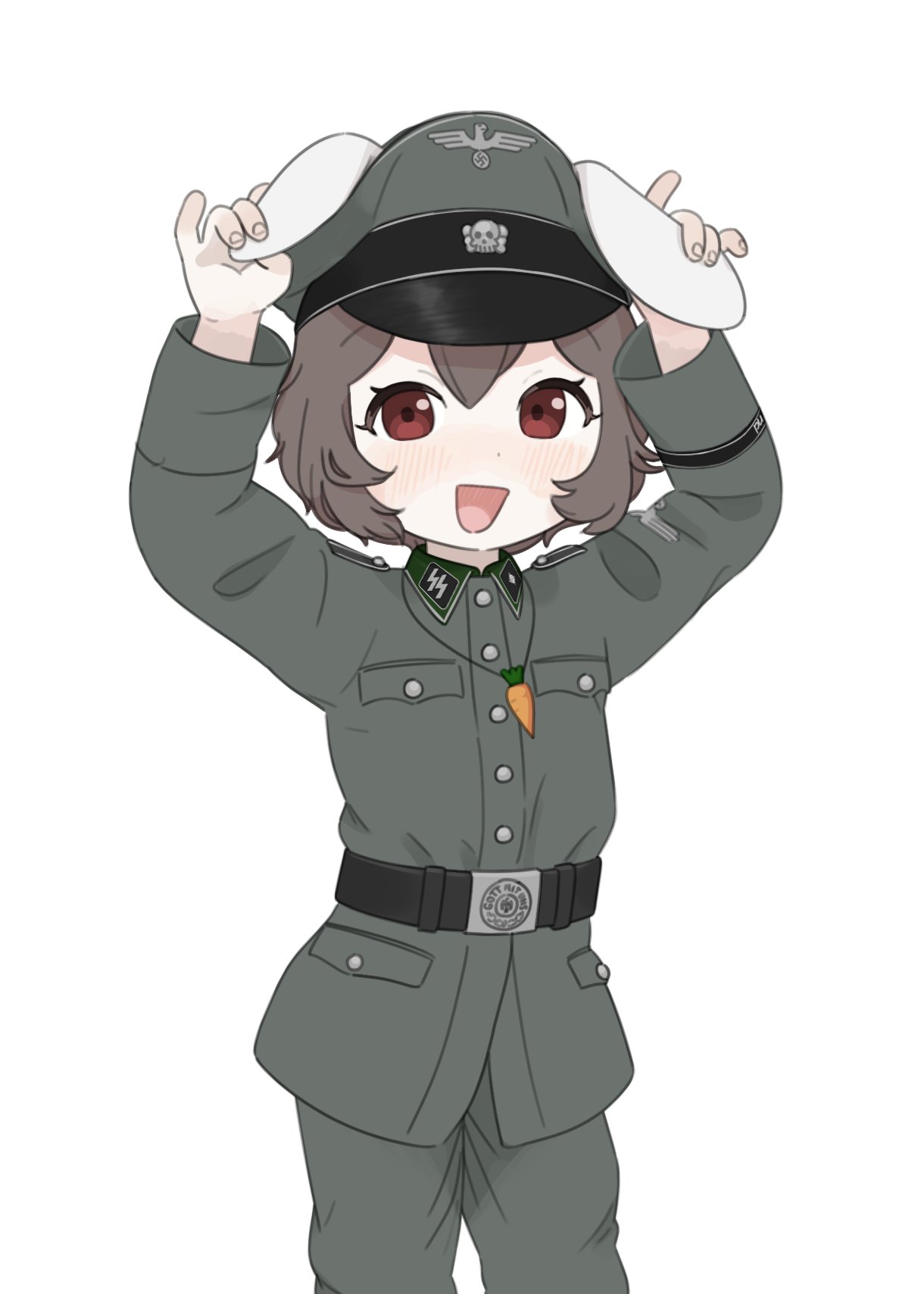 1girl :d animal_ears arms_up belt black_belt black_cat03 brown_eyes brown_hair carrot_necklace collar_tabs green_hat green_jacket green_pants hat highres holding_own_ears inaba_tewi jacket jewelry light_blush looking_at_viewer military_hat military_jacket nazi necklace open_mouth pants peaked_cap rabbit_ears rabbit_girl reichsadler simple_background smile solo ss_insignia ss_uniform swastika totenkopf touhou waffen-ss white_background