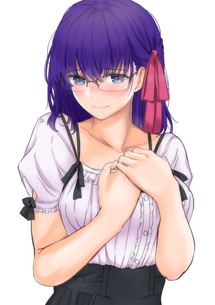1girl bespectacled black_dress black_ribbon blue_eyes blush breasts closed_mouth commentary_request dress fate/stay_night fate_(series) glasses hair_ribbon hakase_yurisuki hands_on_own_chest looking_at_viewer matou_sakura medium_breasts medium_hair puffy_short_sleeves puffy_sleeves purple_hair red_ribbon ribbon shirt shirt_tucked_in short_sleeves simple_background solo upper_body white_background white_shirt