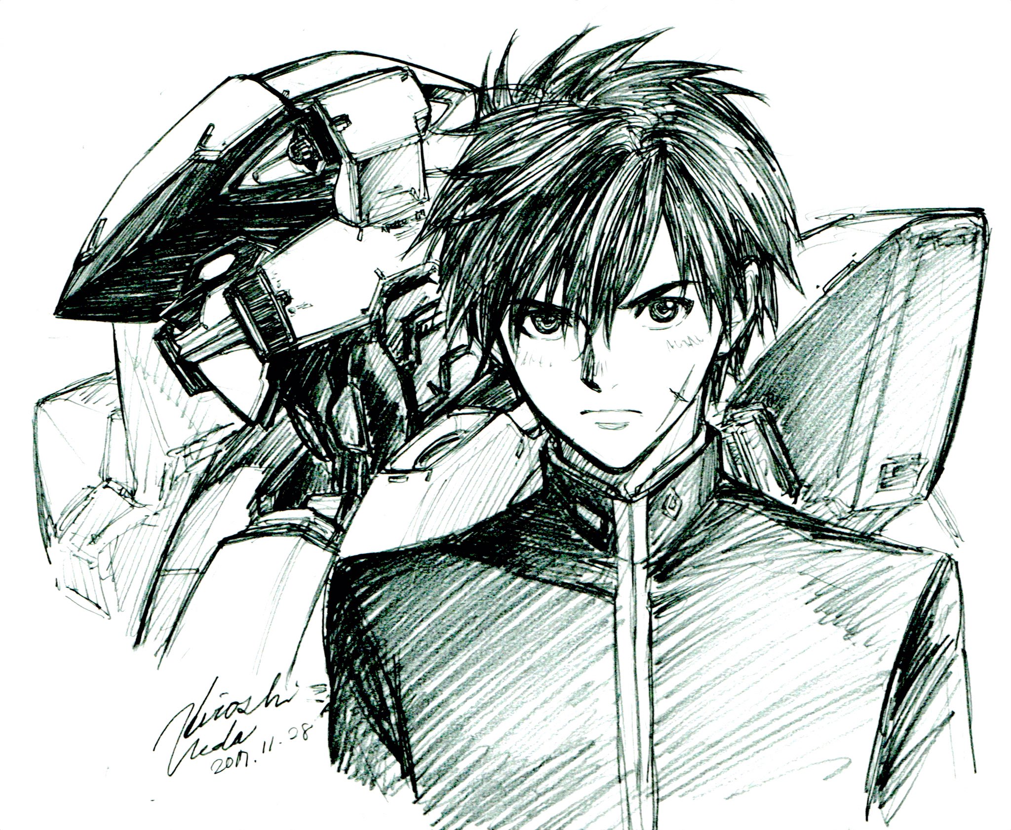 1boy arx-7_arbalest cropped_torso dated facial_scar full_metal_panic! graphite_(medium) highres mecha portrait robot sagara_sousuke scar scar_on_cheek scar_on_face school_uniform signature traditional_media ueda_hiroshi