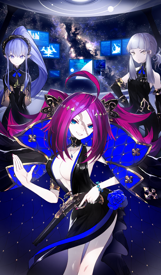 3girls ahoge bare_shoulders black_capelet black_choker black_coat black_dress black_gloves black_hairband black_sleeves black_theme blue_coat blue_eyes blue_flower blue_ribbon blunt_bangs bracelet breasts capelet choker cleavage closed_mouth coat commentary detached_sleeves dress dress_flower fate/grand_order fate_(series) fingernails flower four-pointed_star francis_drake_(bestia_del_sol)_(fate) francis_drake_(fate) galaxy gloves gold_armlet gold_trim gun hair_ornament hair_tie hairband halterneck hand_on_own_hip high_collar high_ponytail holding holding_gun holding_weapon huge_ahoge jewelry kusakanmuri large_breasts long_coat long_hair long_sidelocks looking_at_viewer low_ponytail medea_(bestia_del_sol)_(fate) medea_(fate) medea_(lily)_(fate) medium_hair multiple_girls neck_ribbon necklace official_art open_clothes open_coat open_mouth penthesilea_(bestia_del_sol)_(fate) penthesilea_(fate) pink_hair pink_nails plunging_neckline pointy_ears ponytail purple_eyes purple_hair ribbon saber_wars_ii scar scar_on_face short_hair_with_long_locks side_slit sidelocks sleeveless sleeveless_dress small_breasts smile smirk space spacecraft_interior star_(symbol) star_hair_ornament teeth third-party_source twintails two-sided_coat two-sided_fabric underboob v-shaped_eyebrows v_arms weapon weapon_request white_hair yellow_eyes