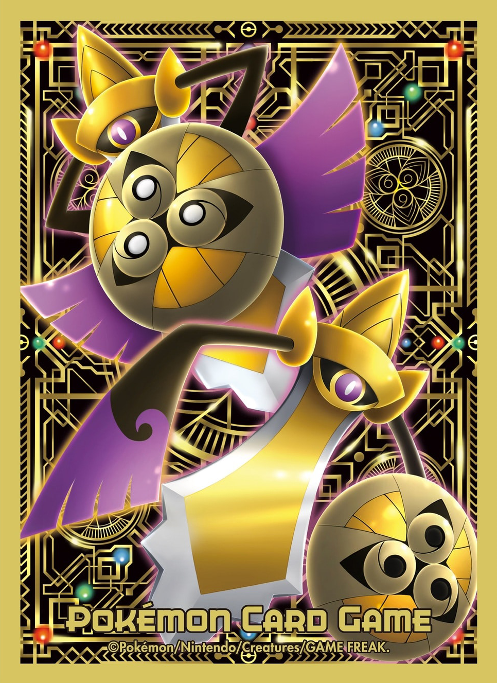 aegislash company_name copyright_name copyright_notice gen_6_pokemon highres holding holding_shield nintendo no_humans official_art one-eyed pokemon pokemon_(creature) pokemon_focus pokemon_tcg shield sword third-party_source weapon
