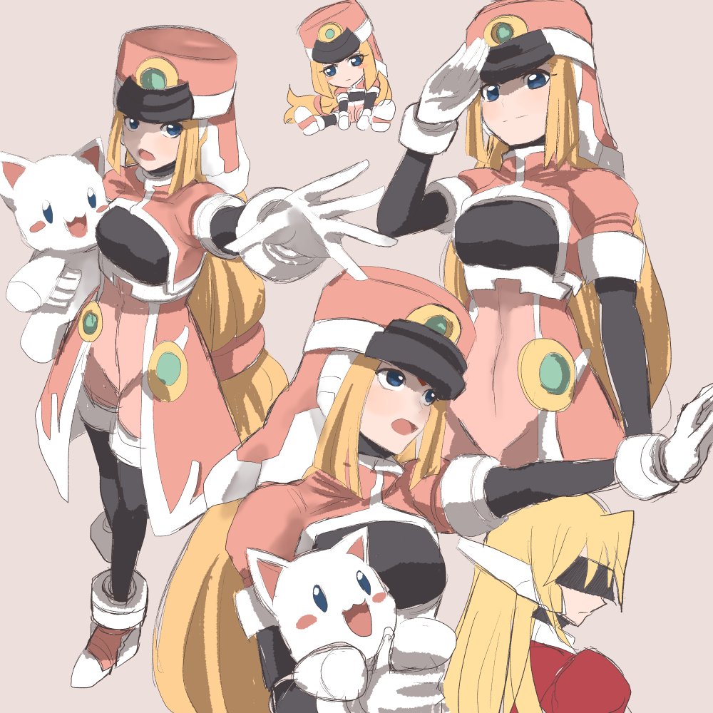 1boy 1girl black_bodysuit blonde_hair bodysuit bodysuit_under_clothes chibi coat cowboy_shot full_body girouette_(mega_man) hat high-waist_shorts holding holding_stuffed_toy long_hair mega_man_(series) mega_man_zx model_z_(mega_man) pink_coat pink_hat pink_shorts prairie_(mega_man) raica_(khongbautroi) salute shako_cap shorts simple_background sketch stuffed_animal stuffed_cat stuffed_toy upper_body