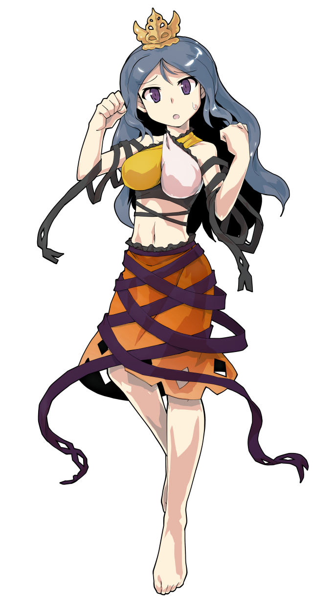 arm_ribbon arm_up barefoot black_ribbon blue_hair chirizuka_ubame clenched_hand dairi dress fossilized_wonders frilled_dress frilled_skirt frills hair_ornament halterneck highres knee_up long_hair midriff multicolored_dress nipples open_mouth orange_skirt purple_eyes purple_ribbon ribbon skirt sparkling_eyes standing standing_on_one_leg tachi-e touhou waist_ribbon worried
