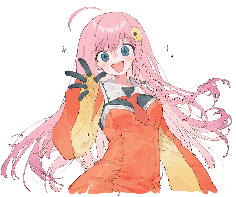 1girl ahoge black_bodysuit black_gloves blue_eyes blush bodysuit braid breasts cropped_torso cross-shaped_pupils gloves hair_ornament hand_up ica_(1111ica) long_hair looking_at_viewer medium_breasts multicolored_bodysuit necktie nono_(top_wo_nerae_2!) pink_hair red_bodysuit red_necktie simple_background smile solo symbol-shaped_pupils top_wo_nerae!_(series) top_wo_nerae_2! waving white_background yellow_bodysuit