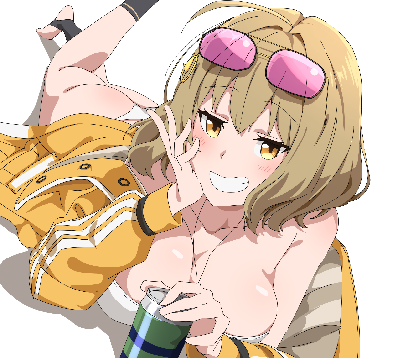 1girl ahoge anis_(nikke) anis_(sparkling_summer)_(nikke) ass bare_shoulders bikini blonde_hair breasts cleavage eyepatch_bikini eyewear_on_head goddess_of_victory:_nikke grin hand_on_own_face hatenoga highres holding jacket jewelry large_breasts leg_up looking_at_viewer lying necklace off-shoulder_jacket off_shoulder official_alternate_costume on_stomach pink-tinted_eyewear short_hair smile solo stirrup_legwear string_bikini sunglasses swimsuit tinted_eyewear toeless_legwear white_bikini yellow_eyes yellow_jacket