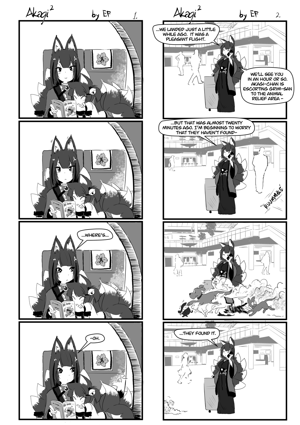 2girls 4koma akagi-chan_(azur_lane) amagi_(azur_lane) animal_ears azur_lane bald_eagle bell bird comic commentary eagle english_commentary english_text ethan_forsythe fox_ears fox_girl fox_tail greyscale hair_bell hair_ornament highres kitsune kyuubi left-to-right_manga long_hair monochrome multiple_4koma multiple_girls multiple_tails suitcase tail