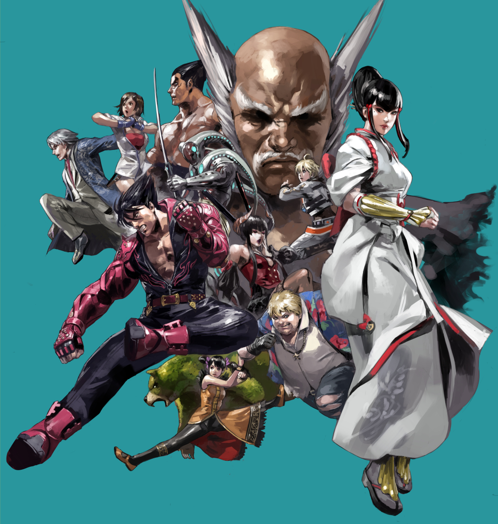 androgynous bald bear beehive_hairdo black_legwear bob_(tekken) bodysuit boots clenched_hands collage commentary_request demon_girl demon_horns eliza_(tekken) facial_hair flying_kick gender_request hakama hakama_skirt hawaiian_shirt horns japanese_clothes junny kazama_asuka kazama_jin kicking kuma_(tekken) lee_chaolan leo_kliesen ling_xiaoyu long_coat mishima_heihachi mishima_kazumi_(tekken) mishima_kazuya mole mole_under_eye mustache namco old old_man pantyhose pectorals promotional_art red_tasuki scar shirt simple_background skirt spiked_hair split sword tasuki tekken tekken_2 tekken_3 tekken_4 tekken_5 tekken_5_(dark_resurrection) tekken_6 tekken_7 tekken_tag_tournament tekken_tag_tournament_2 tentacles unzipped vambraces weapon yoshimitsu_(namco)