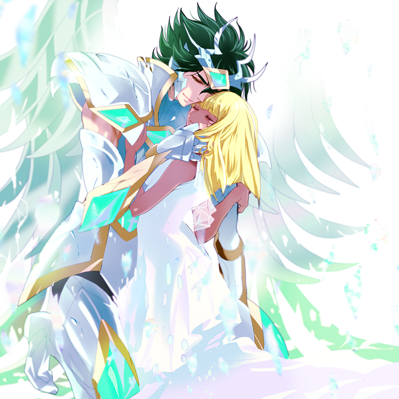 10s 1boy 1girl armor blonde_hair closed_eyes dark_skin dress full_armor green_hair hug jobo_(isi88) long_hair pallas saint_seiya saint_seiya_omega short_hair simple_background smile titan_(saint_seiya_omega) wings