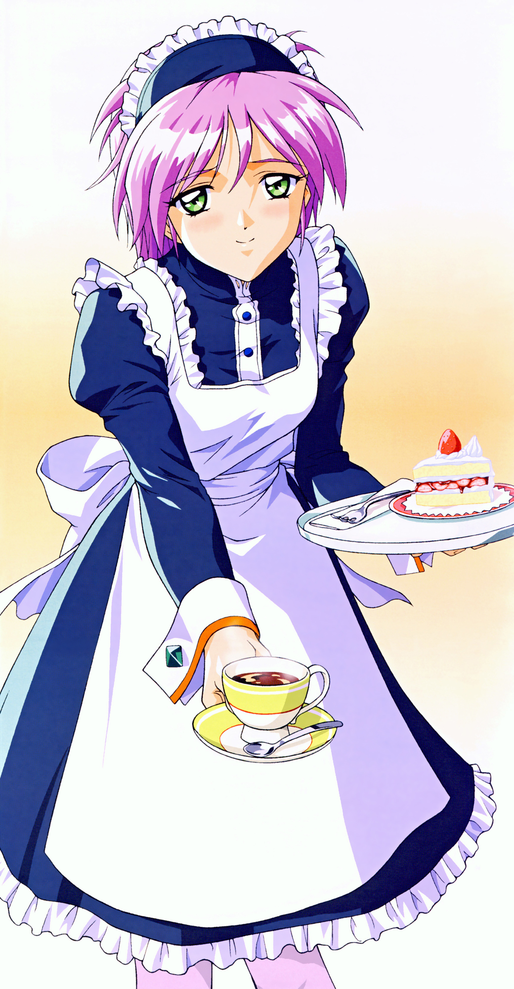 1990s_(style) apron blush cake cup feet_out_of_frame food fork green_eyes highres holding holding_plate juliet_sleeves kokura_masashi long_sleeves looking_at_viewer maid maid_headdress official_art pantyhose pink_hair plate puffy_sleeves retro_artstyle scan smile solo spoon strawberry_shortcake tea teacup tokimeki_memorial tokimeki_memorial_2 white_apron white_pantyhose yae_kaori