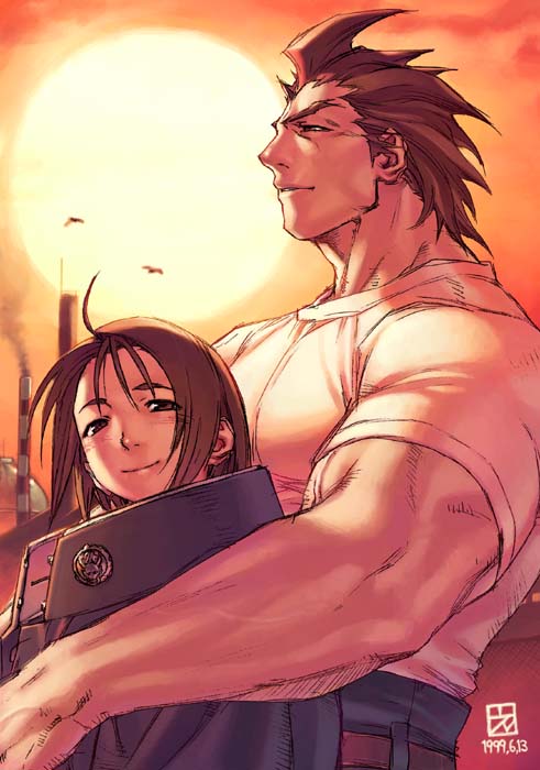 1boy 1girl ahoge borrowed_clothes brother_and_sister capcom dated edaki_shin&#039;ya jacket justice_gakuen kazama_akira kazama_daigo official_art orange_sky outdoors siblings sky smoke street_fighter sunset