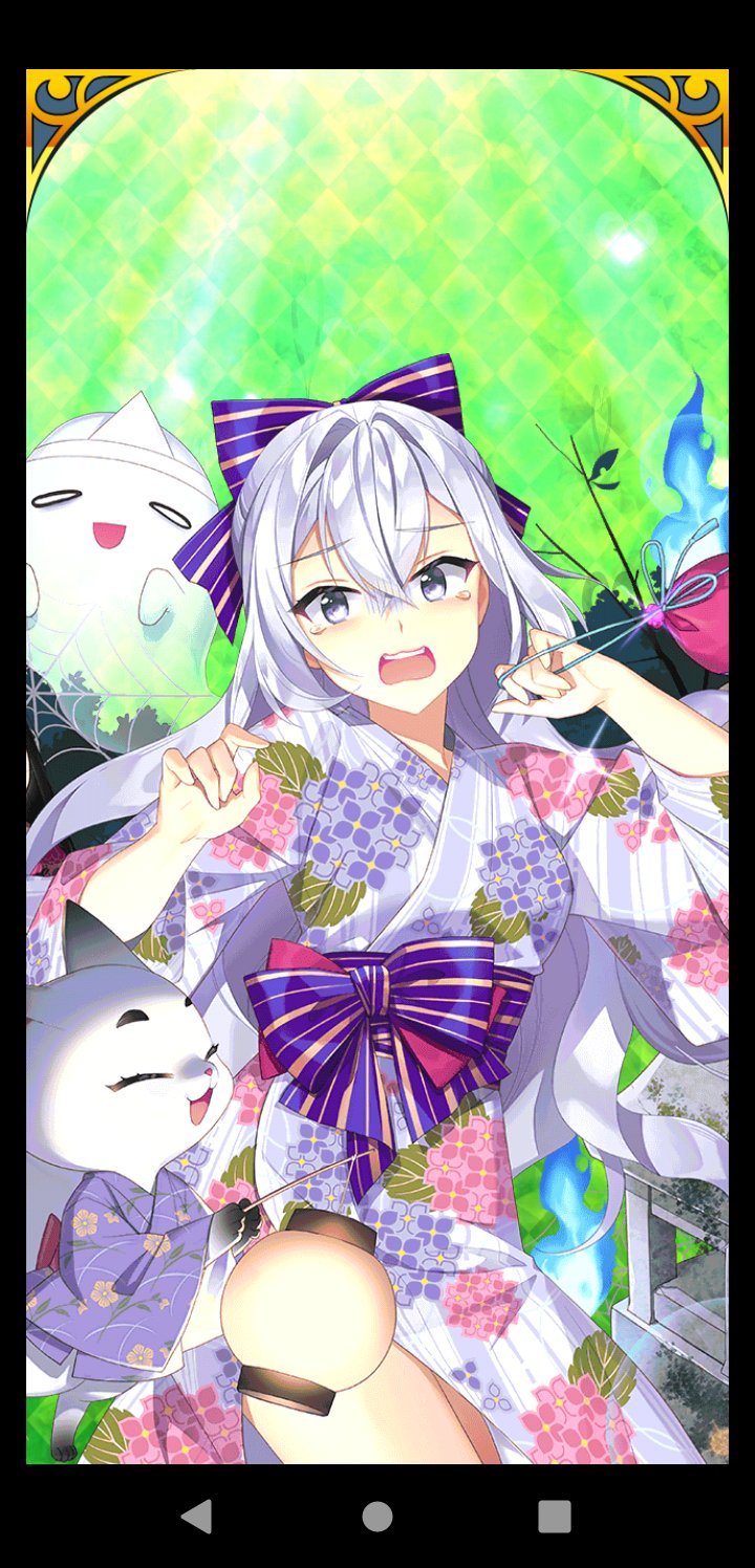 1girl blue_bow bow cat ghost grey_hair highres japanese_clothes kimono long_hair open_mouth print_kimono roselia_violet salt_(salty) striped_bow tearing_up uchi_no_hime-sama_ga_ichiban_kawaii white_kimono yukata