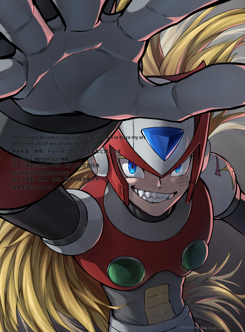 1boy android armor blonde_hair blue_eyes chest_jewel credits evil_smile forehead_jewel helmet long_hair looking_at_viewer male_focus mega_man_(series) mega_man_x1 mega_man_x_(series) red_armor red_helmet smile solo twitter_username wolf9431 zero_(mega_man)