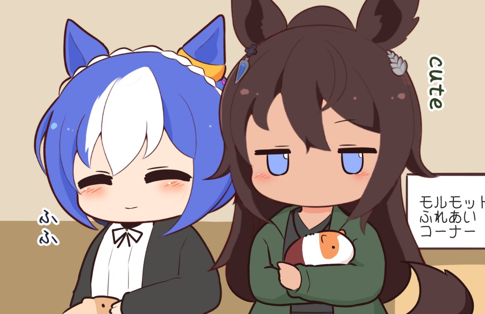 2girls animal_ears black_jacket black_shirt blue_eyes blue_hair blush brown_hair cesario_(umamusume) chibi chibi_only closed_eyes closed_mouth commentary_request gomashio_(goma_feet) green_jacket guinea_pig horse_ears horse_girl horse_tail jacket long_hair long_sleeves looking_at_viewer multicolored_hair multiple_girls no_mouth open_clothes open_jacket shirt short_hair smile symboli_kris_s_(umamusume) tail translation_request two-tone_hair umamusume white_hair white_shirt