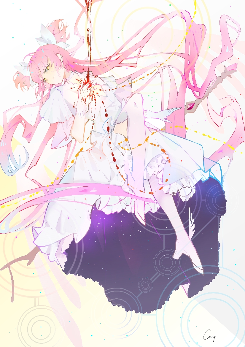 1girl absurdly_long_hair blood blood_drip bow bow_(weapon) choker cleavage_cutout clothing_cutout diamond_cutout dress eyelashes floating floating_clothes floating_hair frilled_sleeves frills full_body gloves hair_bow half-closed_eyes hand_on_own_chest head_tilt high_heels holding holding_bow_(weapon) holding_weapon impaled injury kaname_madoka knee_up layered_sleeves light_particles light_rays long_dress long_hair magic_circle mahou_shoujo_madoka_magica mahou_shoujo_madoka_magica_(anime) niwatori_soup_chourishi parted_lips pink_hair pink_shoes pink_thighhighs red_dress shoes short_sleeves signature solo space_print starry_sky_print thighhighs two-sided_dress two-sided_fabric two_side_up ultimate_madoka very_long_hair weapon white_background white_bow white_choker white_gloves winged_shoes wings yellow_eyes