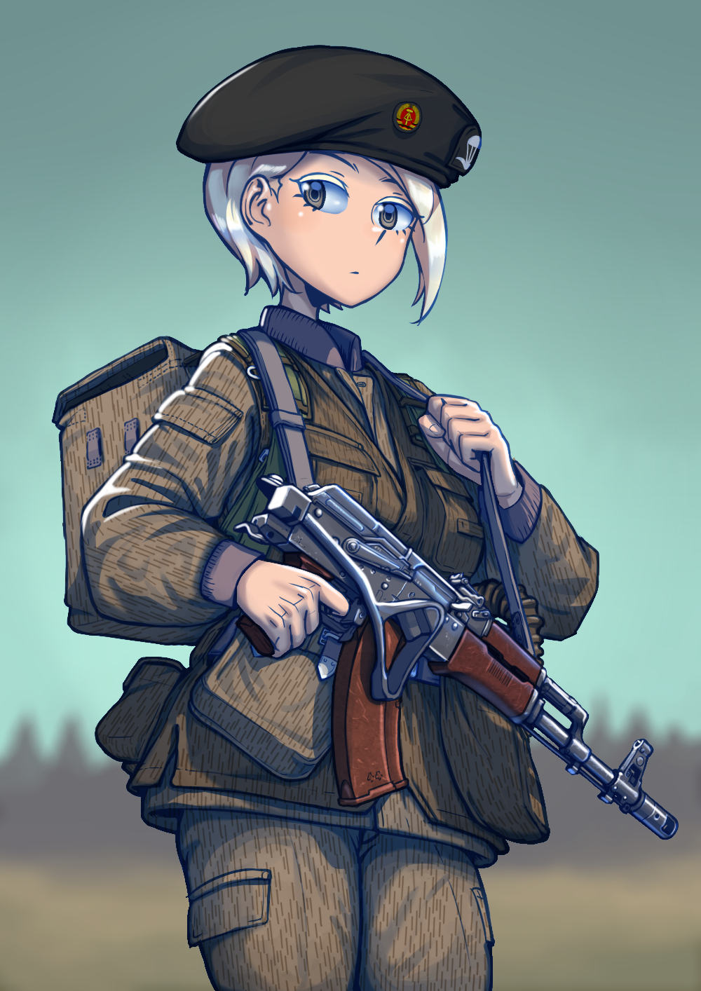 1girl ak-74 aks-74 assault_rifle backpack bag beret breasts east_germany erica_(naze1940) grey_eyes grey_hat gun gun_sling hat highres holding holding_gun holding_weapon kalashnikov_rifle looking_at_viewer military military_combat_uniform military_uniform original rifle short_hair soldier solo weapon white_hair