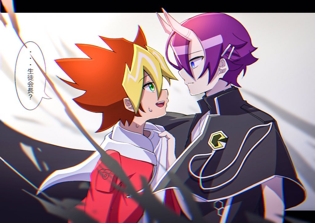 2boys alternate_universe atltax_00 black_border black_capelet bomber_jacket border capelet clothes_grab colored_bangs double-parted_bangs colored_bangs empty_eyes facing_another facing_to_the_side green_eyes hair_ornament hair_slicked_back hairpin hood hooded_jacket horns jacket japanese_clothes kimono looking_at_another male_focus multiple_boys multiple_hairpins ohdo_yuga open_clothes open_jacket open_mouth popped_collar purple_eyes purple_hair red_hair red_jacket shirt sleeveless sleeveless_kimono smoke smoke_trail sougetsu_gakuto speech_bubble spiked_hair sweatdrop talking white_background white_hood white_horns white_kimono white_shirt white_string wind yu-gi-oh! yu-gi-oh!_sevens