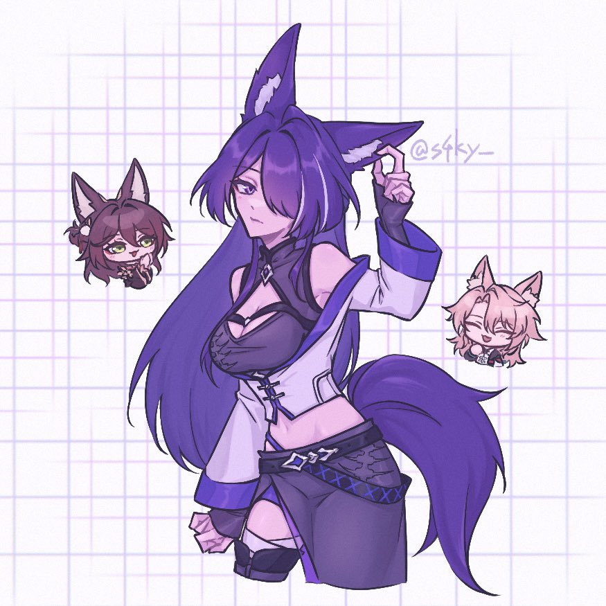 1boy 2girls ^_^ acheron_(honkai:_star_rail) adapted_costume animal_ears bare_shoulders belt black_belt black_skirt breasts brown_hair chibi cleavage cleavage_cutout closed_eyes clothing_cutout crop_top fox_ears fox_tail fugue_(honkai:_star_rail) honkai:_star_rail honkai_(series) jiaoqiu_(honkai:_star_rail) kemonomimi_mode large_breasts long_hair long_sleeves looking_at_viewer midriff multicolored_hair multiple_girls navel off_shoulder pink_hair purple_eyes purple_hair sa_(s4ky) shirt skirt standing streaked_hair tail tingyun_(honkai:_star_rail) very_long_hair white_hair white_shirt