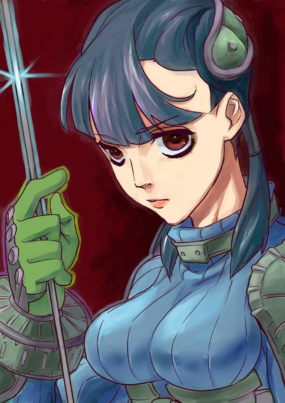 1girl armor ashei black_hair blunt_bangs breasts female_focus gauntlets gloves hair_ornament hair_tubes large_breasts long_hair looking_at_viewer meso3 nintendo pauldrons red_background red_eyes ribbed_sweater shoulder_armor solo sweater the_legend_of_zelda the_legend_of_zelda:_twilight_princess turtleneck twintails