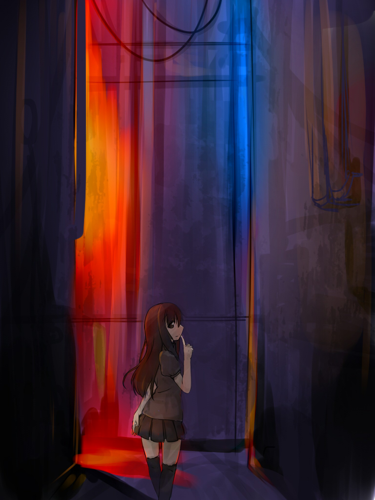 1girl alley brown_hair female_focus kara_no_kyoukai kokuto_adk long_hair looking_back ryougi_mana school_uniform serafuku skirt solo thighhighs zettai_ryouiki