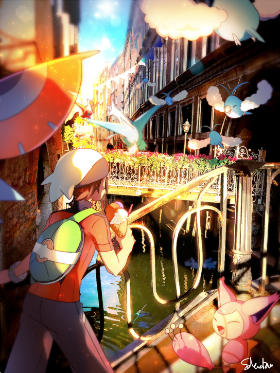 1boy backpack bag beanie blurry brendan_(pokemon) bridge brown_hair commentary_request day fence flower food gen_3_pokemon green_bag hat holding ice_cream latios legendary_pokemon male_focus masquerain naru_(andante) nintendo outdoors pants pokemon pokemon_(creature) pokemon_oras reflection short_hair short_sleeves signature skitty sky standing swablu water white_headwear