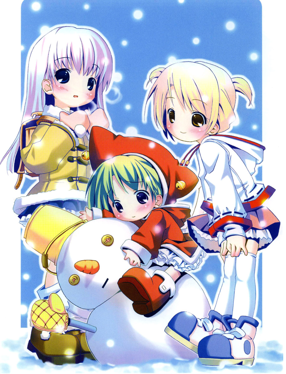 3girls coat dress highres multiple_girls pop snow snowing snowman thighhighs winter