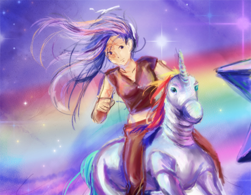 10s 1girl epic fabulous female_focus ikezawa_hanako katawa_shoujo long_hair lowres multicolored_hair purple_eyes purple_hair rainbow rainbow_hair robot_unicorn_attack scar smile solo star_(symbol) unicorn
