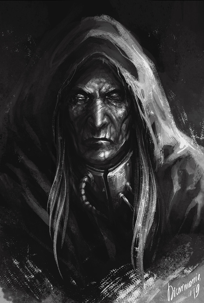 1boy artist_name cloak close-up graphite_(medium) greyscale hood hooded_cloak long_hair looking_at_viewer malcador_the_sigillite monochrome old old_man portrait signature simple_background solo traditional_media tube veronica_anrathi warhammer_40k