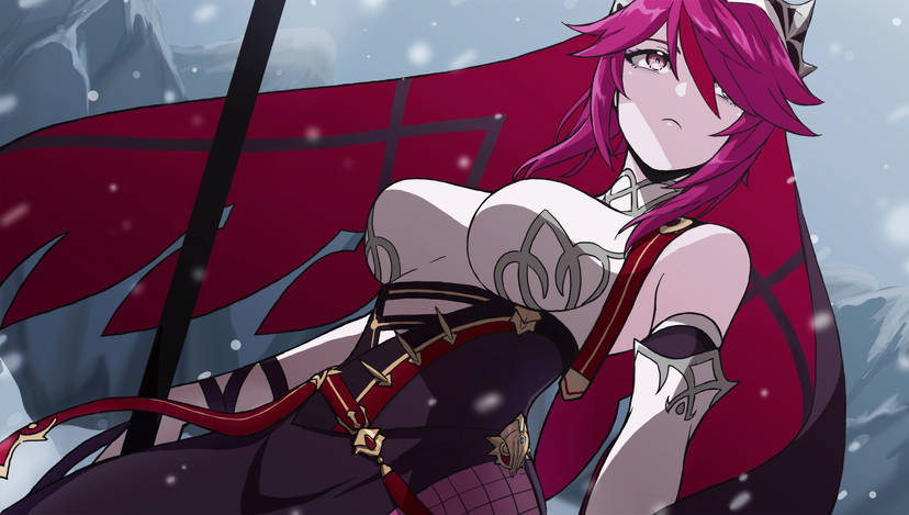 1girl breasts fishnet_pantyhose fishnets gauntlets genshin_impact head_wings holding holding_weapon impossible_clothes impossible_shirt large_breasts monotsuki pantyhose purple_eyes purple_hair rosaria_(genshin_impact) serious shirt snow weapon wings