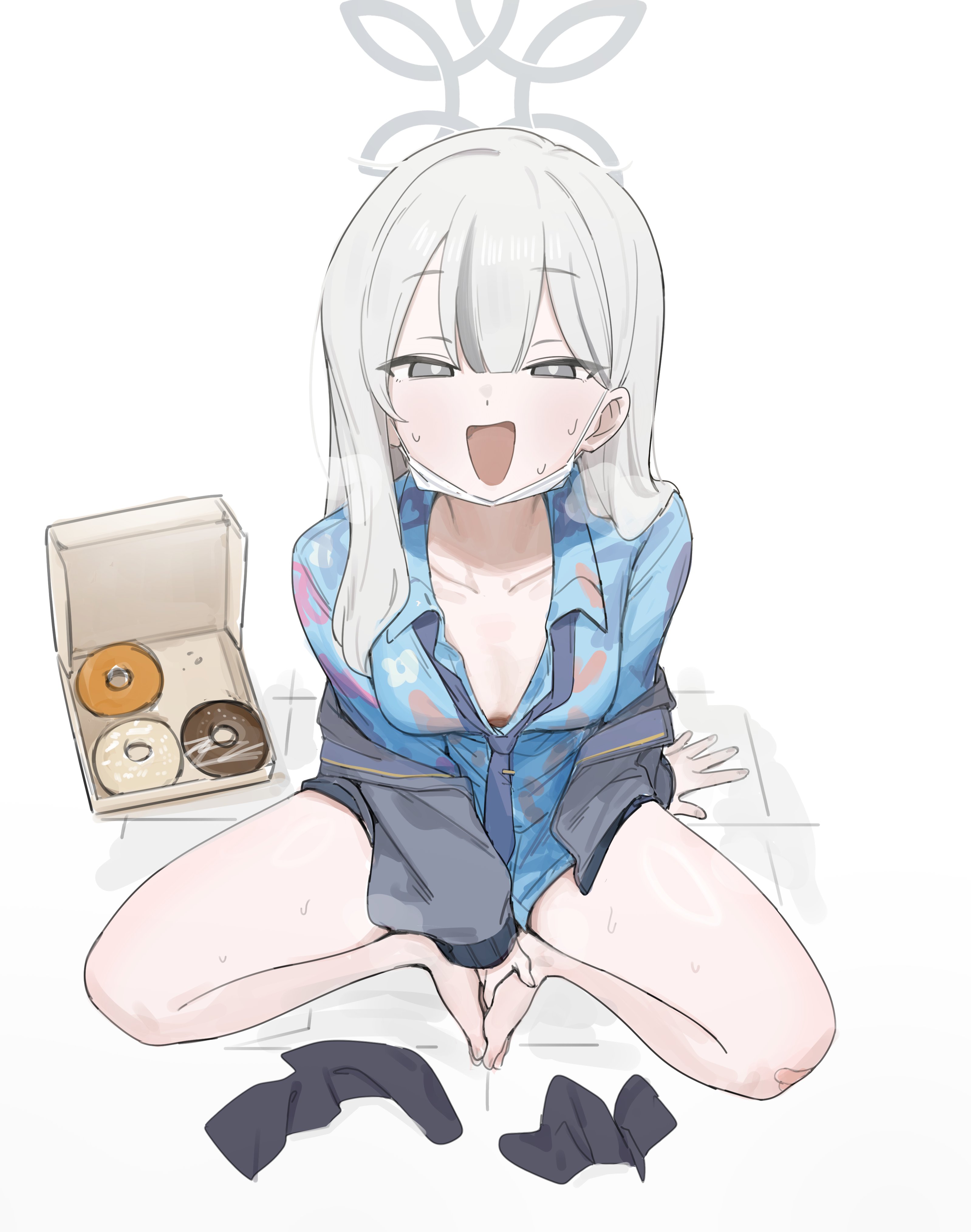 1girl absurdres barefoot black_socks blue_archive blue_necktie blue_shirt blush breasts collared_shirt commentary donut dydldidl food from_above grey_eyes grey_hair hair_between_eyes halo hawaiian_shirt highres jacket konoka_(blue_archive) long_hair long_sleeves looking_at_viewer mask mask_pull medium_breasts mouth_mask necktie off_shoulder open_clothes open_jacket open_mouth pastry_box shirt simple_background sitting socks solo symbol-only_commentary unworn_socks white_background white_mask
